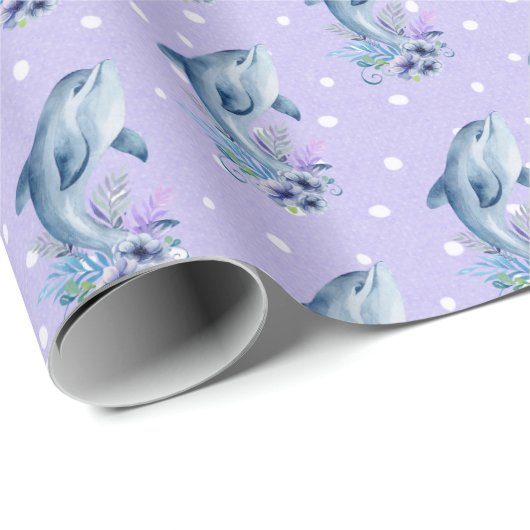 Delphine und Blume auf Polka-Punkten Geschenkpapier (Rolleneckpunkt)