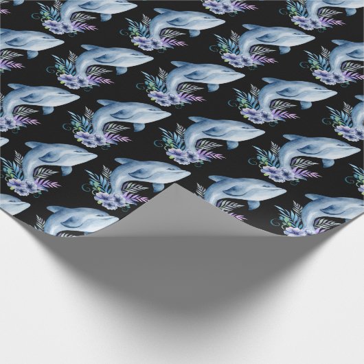 Delphine und Blume auf schwarz Geschenkpapier (Ecke)