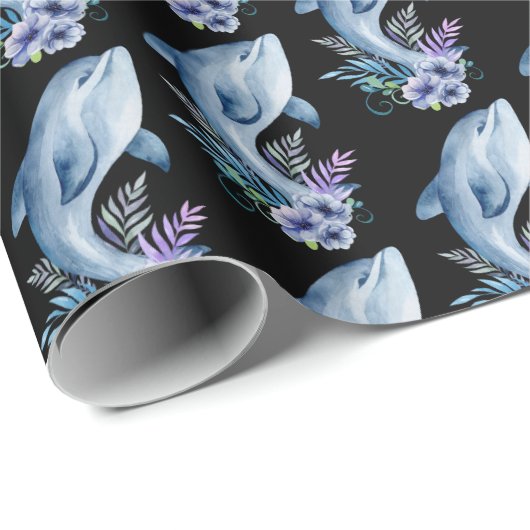 Delphine und Blume auf schwarz Geschenkpapier (Rolleneckpunkt)
