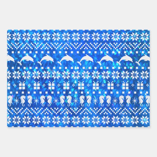 Delphine und Seepferde Blauer Weihnachten Gemuster Geschenkpapier Set (Vorderseite 3)