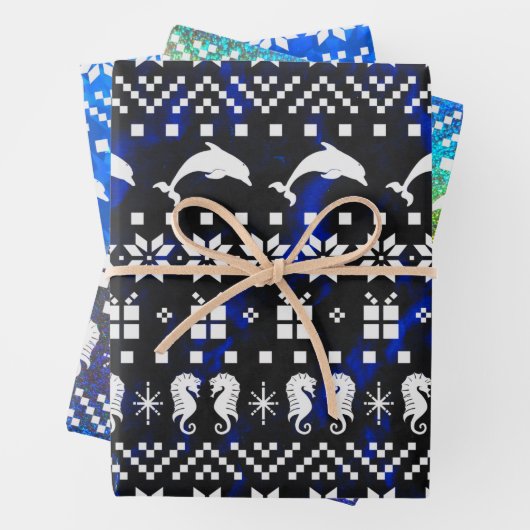 Delphine und Seepferde Blauer Weihnachten Gemuster Geschenkpapier Set (Beispiel)