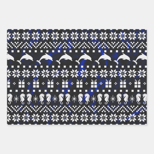 Delphine und Seepferde Blauer Weihnachten Gemuster Geschenkpapier Set (Vorderseite)