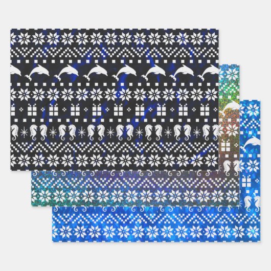 Delphine und Seepferde Blauer Weihnachten Gemuster Geschenkpapier Set (Set)