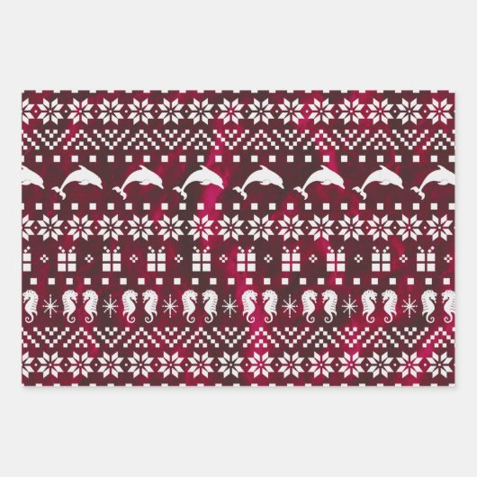 Delphine und Seepferde Weihnachten Gemustert Geschenkpapier Set (Vorderseite)