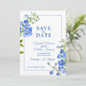 Delphinium bemalte Blaue Blume Foto Hochzeit Save The Date (Stehend Vorderseite)