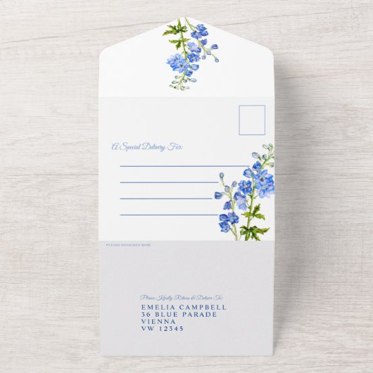 Delphinium blühende Wasserfarben Hochzeit All In One Einladung (Außenbereich)