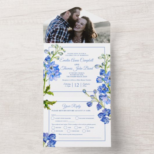 Delphinium blühende Wasserfarben Hochzeit All In One Einladung (Innen Boden)