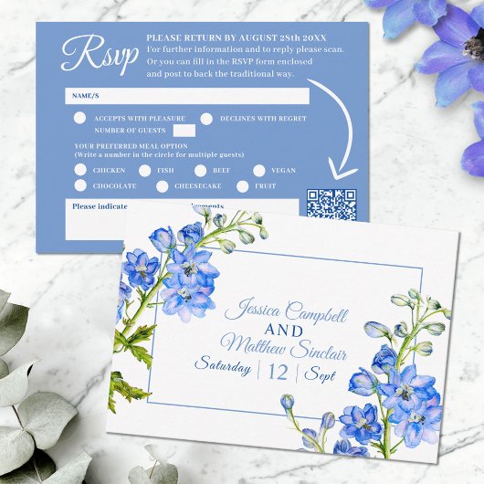 Delphinium-Blume Blaufarbige Hochzeit QR-Code RSVP Karte