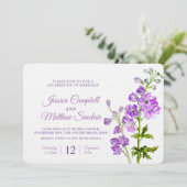 Delphinium Blume lila Aquarellkunst Hochzeit Einladung (Stehend Vorderseite)