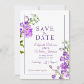 Delphinium floral save the date purple photo (Vorderseite)