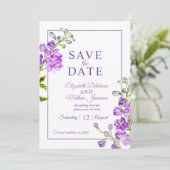 Delphinium floral save the date purple photo (Stehend Vorderseite)