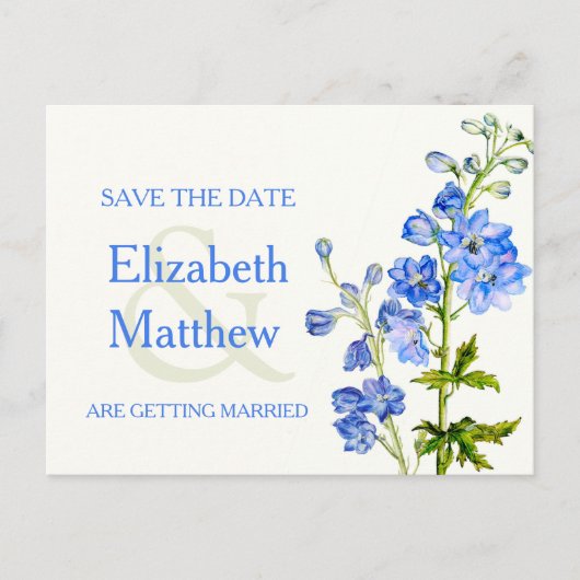 Delphinium lackiert blaue Blume Save the Date Kart Ankündigungspostkarte (Vorderseite)