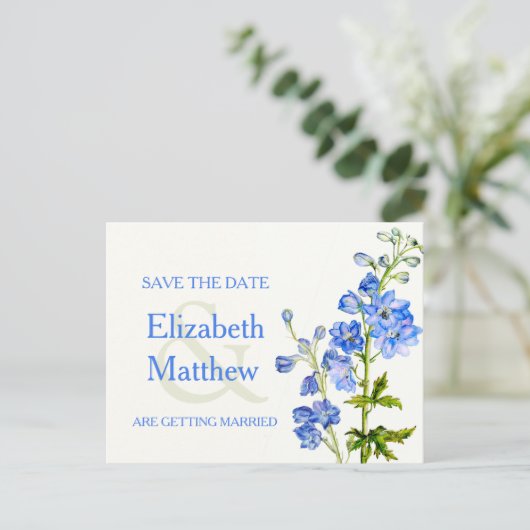 Delphinium lackiert blaue Blume Save the Date Kart Ankündigungspostkarte (Stehend Vorderseite)
