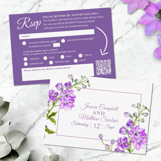 Delphinium lila Aquarellhochzeit QR-Code RSVP Karte