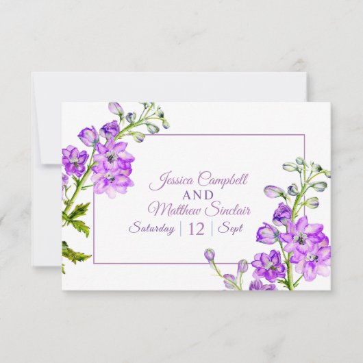 Delphinium lila Aquarellhochzeit QR-Code RSVP Karte (Vorderseite)