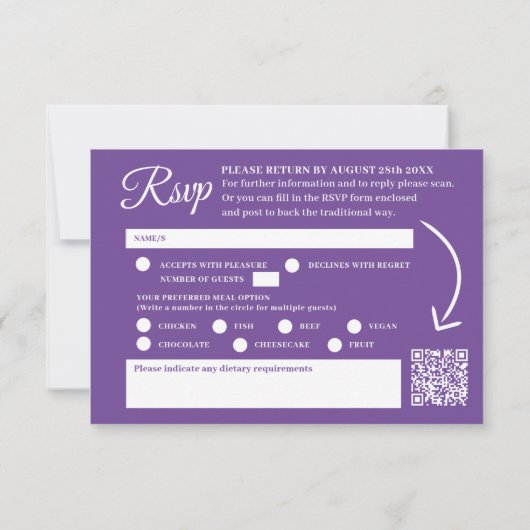 Delphinium lila Aquarellhochzeit QR-Code RSVP Karte (Rückseite)