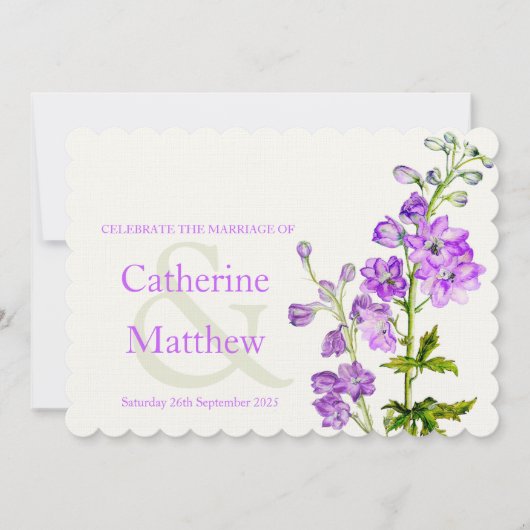 Delphinium lila Wasserfarbenhochzeit laden Einladung (Vorderseite)