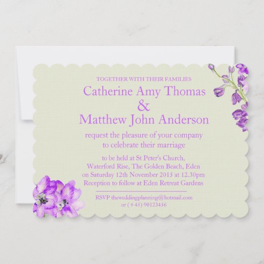 Delphinium lila Wasserfarbenhochzeit laden Einladung (Rückseite)
