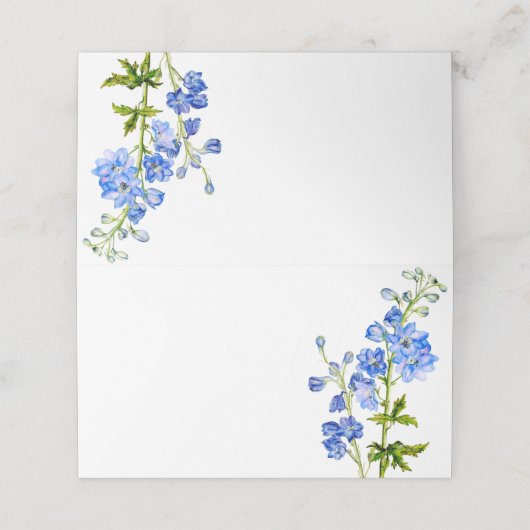 Delphinium malte blaue Hochzeitsgast-Platzkarten Platzkarte (Außenseite Aufgefaltet)