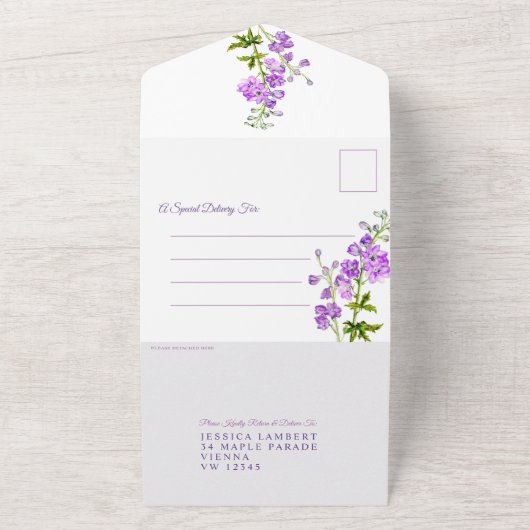 Delphinium violette Blumen Aquarellhochzeit All In One Einladung (Außenbereich)