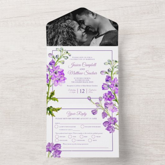 Delphinium violette Blumen Aquarellhochzeit All In One Einladung (Innen Boden)