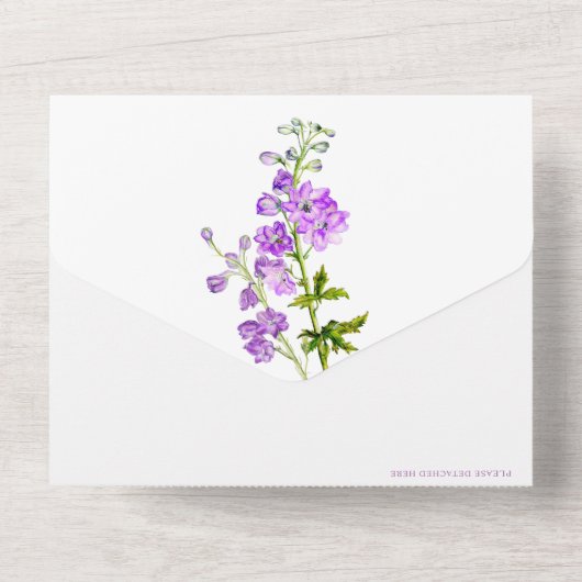 Delphinium violette Blumen Aquarellhochzeit All In One Einladung (Rückseite)