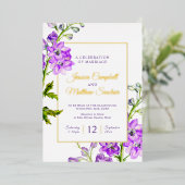 Delphinium violette Blumen und goldene Sommerhochz Folieneinladung (Stehend vorne)