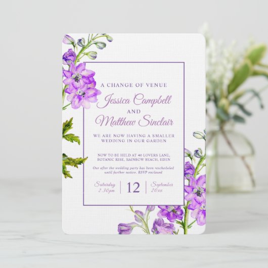 Delphinium violette Blumen Wechsel des Veranstaltu Einladung (Stehend Vorderseite)