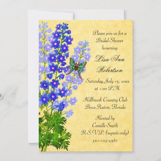 Delphiniums Gold Bridal Dusche Einladung (Vorderseite)