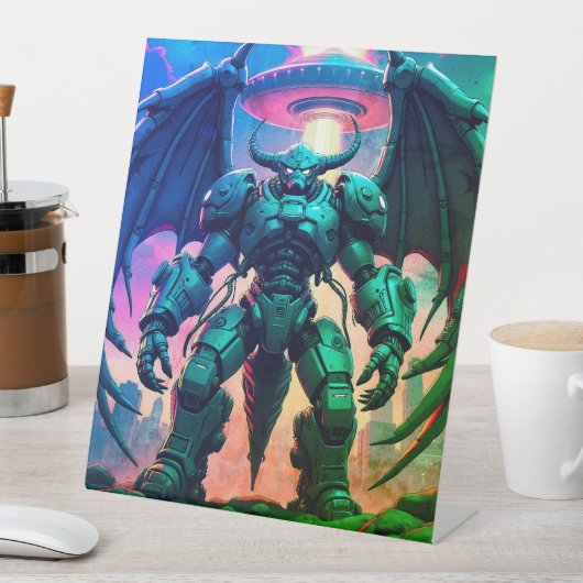 Demon Roboter mit Flügel bei einem UFO Sockelschild (In Situ)