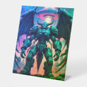 Demon Roboter mit Flügel bei einem UFO Sockelschild (Vorderseite)