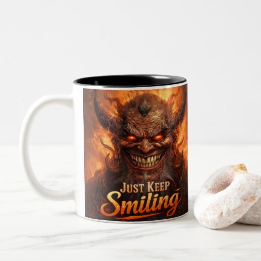 Demonic Grin “Just Keep Smiling” Design Zweifarbige Tasse (Mit Donut)