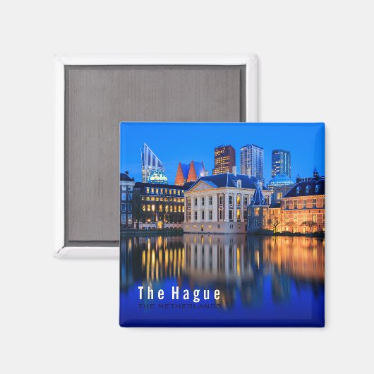 Den Haager Skyline-Magneten mit blauer Stunde Text Magnet (Vorderseite/Rückseite)