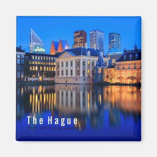 Den Haager Skyline-Magneten mit blauer Stunde Text Magnet (Vorne)