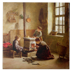 Den Ofen beleuchten, 1886 (Öl auf Platte) Fliese