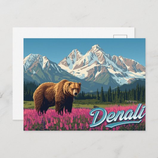 Denali Grizzly Bear Wildflower Art Postkarte (Vorne/Hinten)