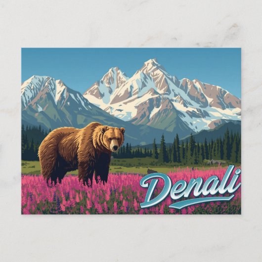 Denali-Grizzlybär-Wildblumen-Kunst Postkarte (Vorderseite)