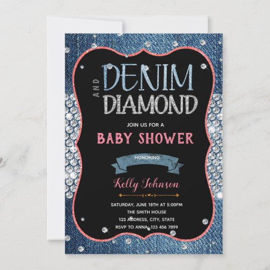 Denim Baby Dusche Diamanten Einladung (Vorderseite)