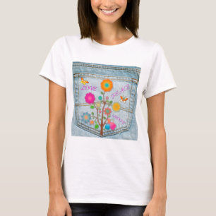 Denim Back Pocket Blume Liebe Hoffnung T-Shirt