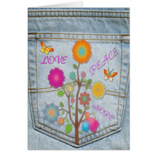 Denim Back Pocket Blume Peace Liebe Hope Card