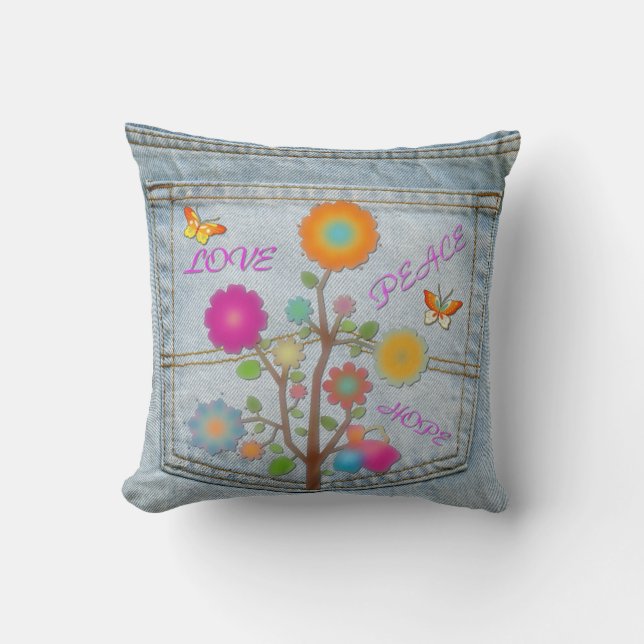 Denim Back Pocket Blume Peace Liebe Hope Pillow Kissen (Vorderseite)
