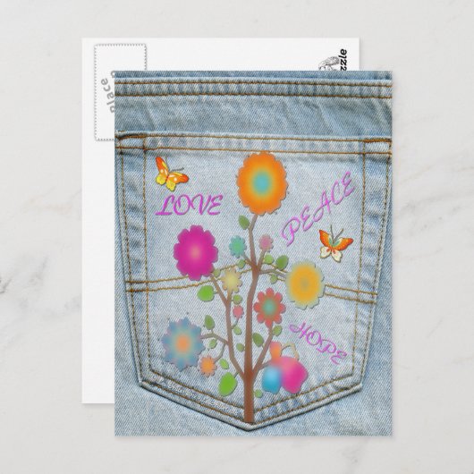 Denim Back Pocket Blume Peace Liebe Hope Post Card Postkarte (Vorne/Hinten)