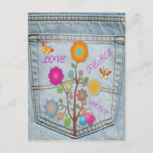 Denim Back Pocket Blume Peace Liebe Hope Post Card Postkarte