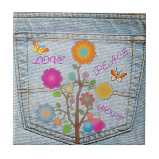 Denim Back Pocket Blume Peace Liebe Hope Tile Fliese (Vorderseite)