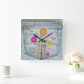Denim Back Pocket Blume Peace Liebe Square Clock Quadratische Wanduhr (Zuhause)