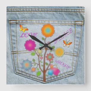 Denim Back Pocket Blume Peace Liebe Square Clock Quadratische Wanduhr