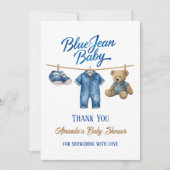 Denim Bear Clothesline Boy Blue Jean Baby Shower Dankeskarte (Vorderseite)