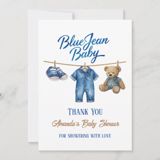 Denim Bear Clothesline Boy Blue Jean Baby Shower Dankeskarte (Vorderseite)
