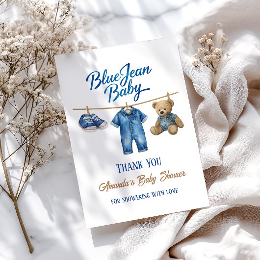 Denim Bear Clothesline Boy Blue Jean Baby Shower Dankeskarte