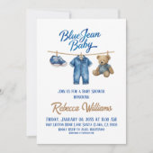 Denim Bear Clothesline Boy Blue Jean Baby Shower Einladung (Vorderseite)